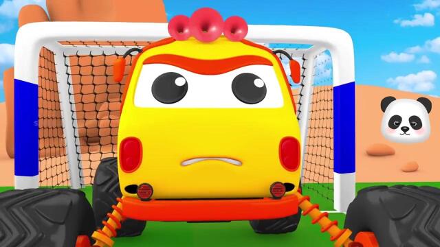 大脚车校车皮卡车在足球场踢英语字母足球