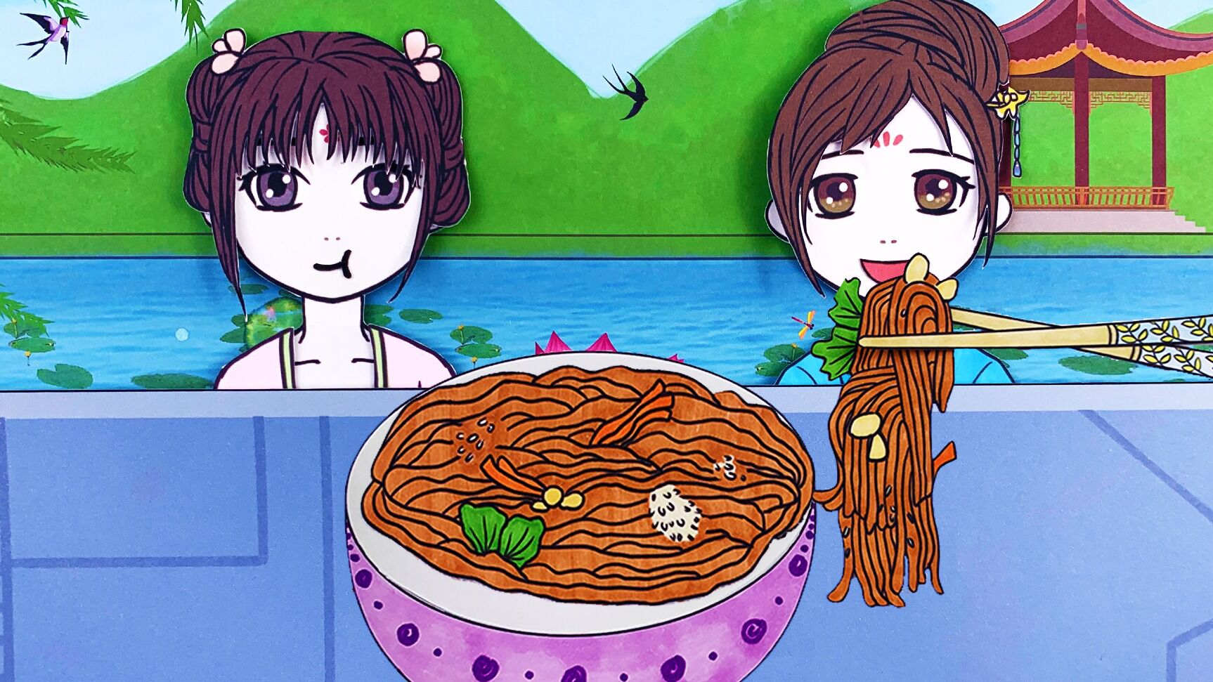 格格手绘定格动画手绘定格动画晴晴文文一起吃解暑的雪碧拌面