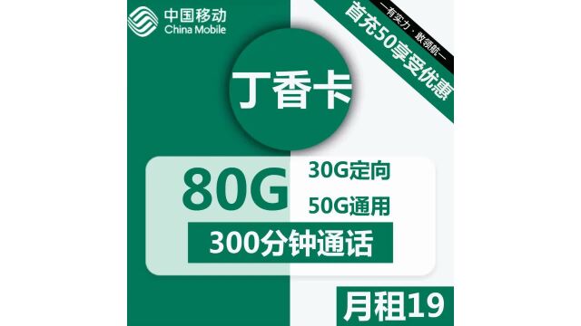 移动丁香卡19元包80G全国流量+300分钟通话