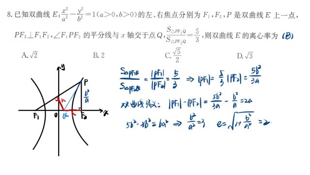 金太阳四月联考第8题:双曲线中的角平分线定理