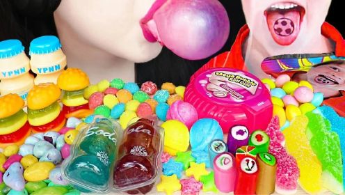 ASMR舌头纹身，巨型泡泡糖，苏打果冻，汉堡包软糖，糖果MUKBANG
