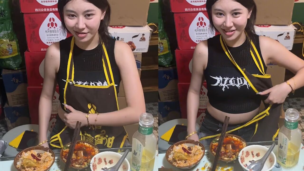 女生吃饱后小腹隆起似怀孕:摸摸肉嘟嘟肚子后自嘲:围裙是遮羞布