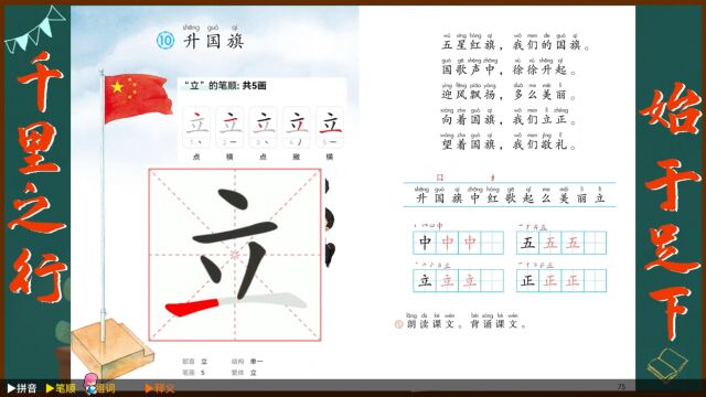 “立”字学习,语文课本《升国旗》生字学习