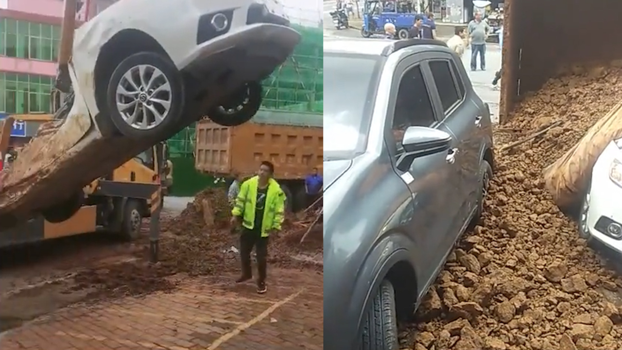 渣土车为避让小车不慎侧翻,压扁4车,知情人:司乘吃饭躲过一劫