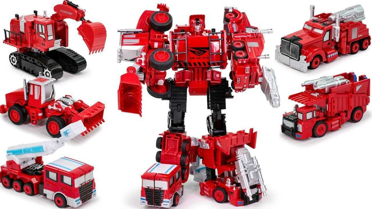 红色消防车变形金刚变身合体巨无霸汽车机器人