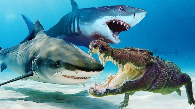 食人鳄大战食人鲨图片