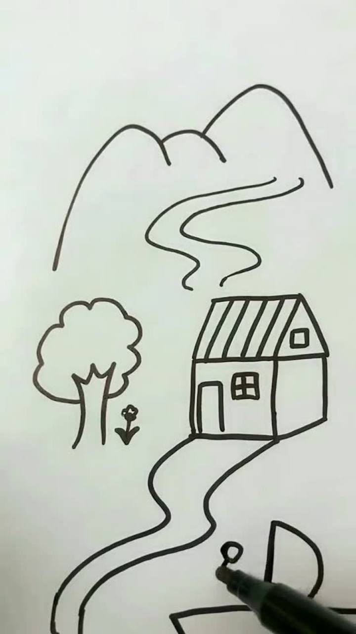 简笔画,一座房子和一座山
