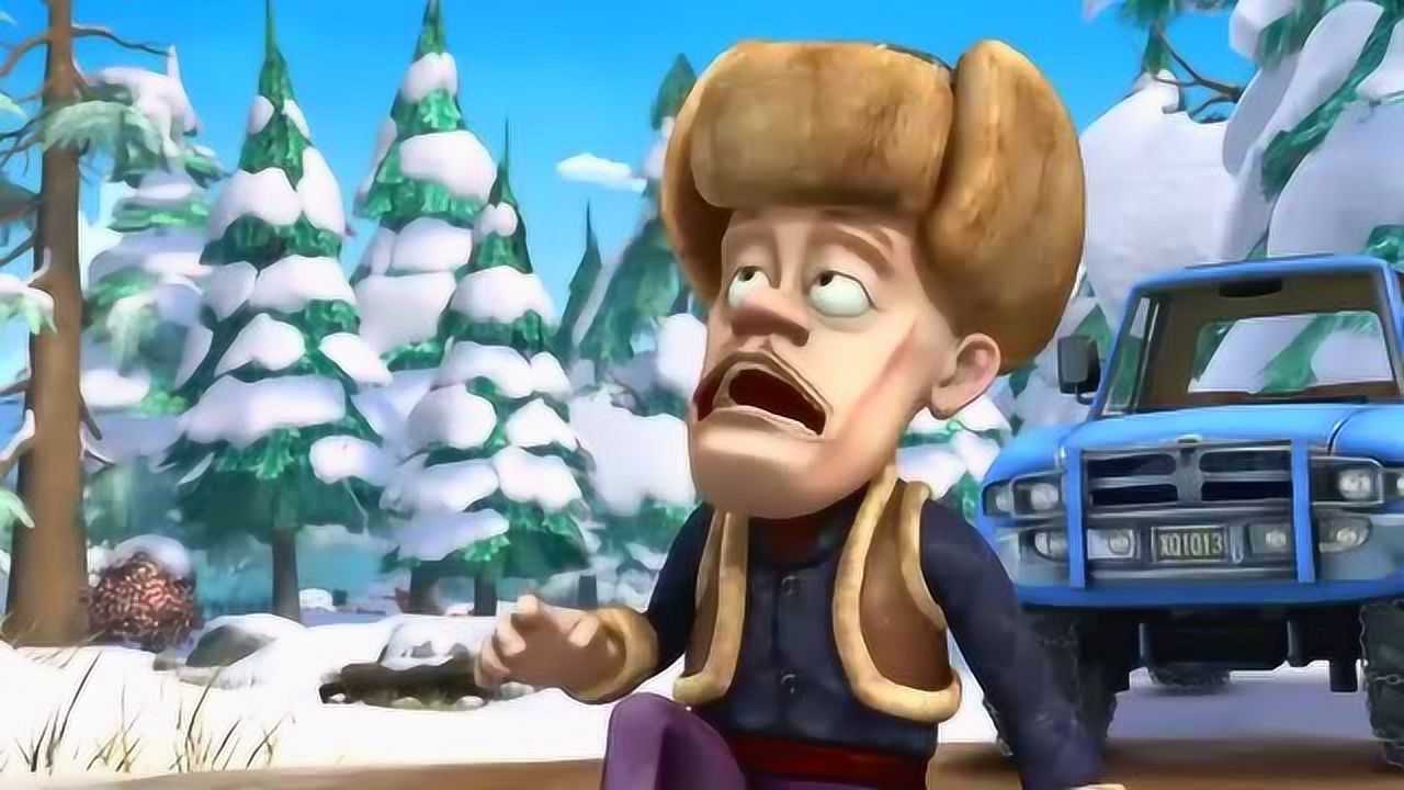 熊出没光头强刚把帐篷搭好一块雪从树上落下来砸中帐篷