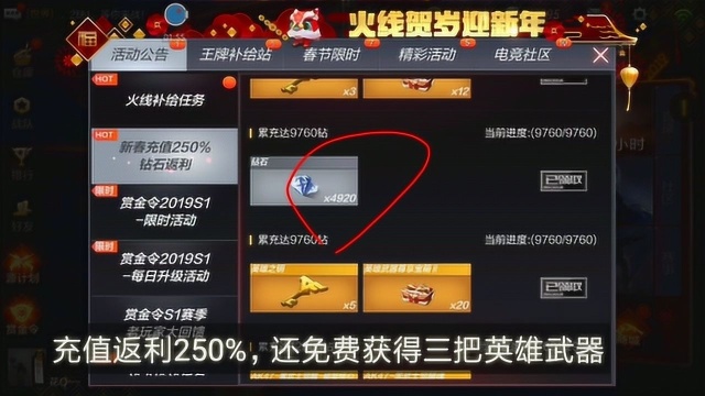 CF手游:250%充值返利!一下领取28880钻石,还免费赠送三把英雄武器