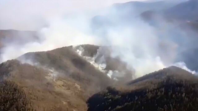 内蒙古好森沟林场火灾火场外线无明火 航拍薄烟升起于山林