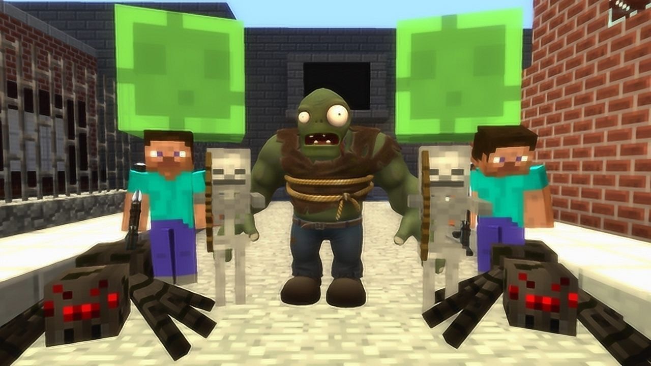 我的世界植物大战僵尸史蒂夫们拿着火箭筒抵御袭来的巨型僵尸