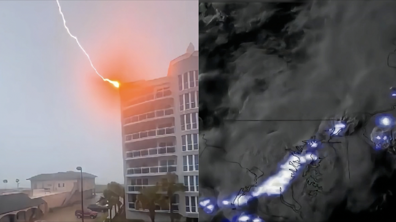美国佛州遭遇雷暴袭击,暴雨倾盆雷声滚滚,闪电击中一栋公寓屋顶,高楼