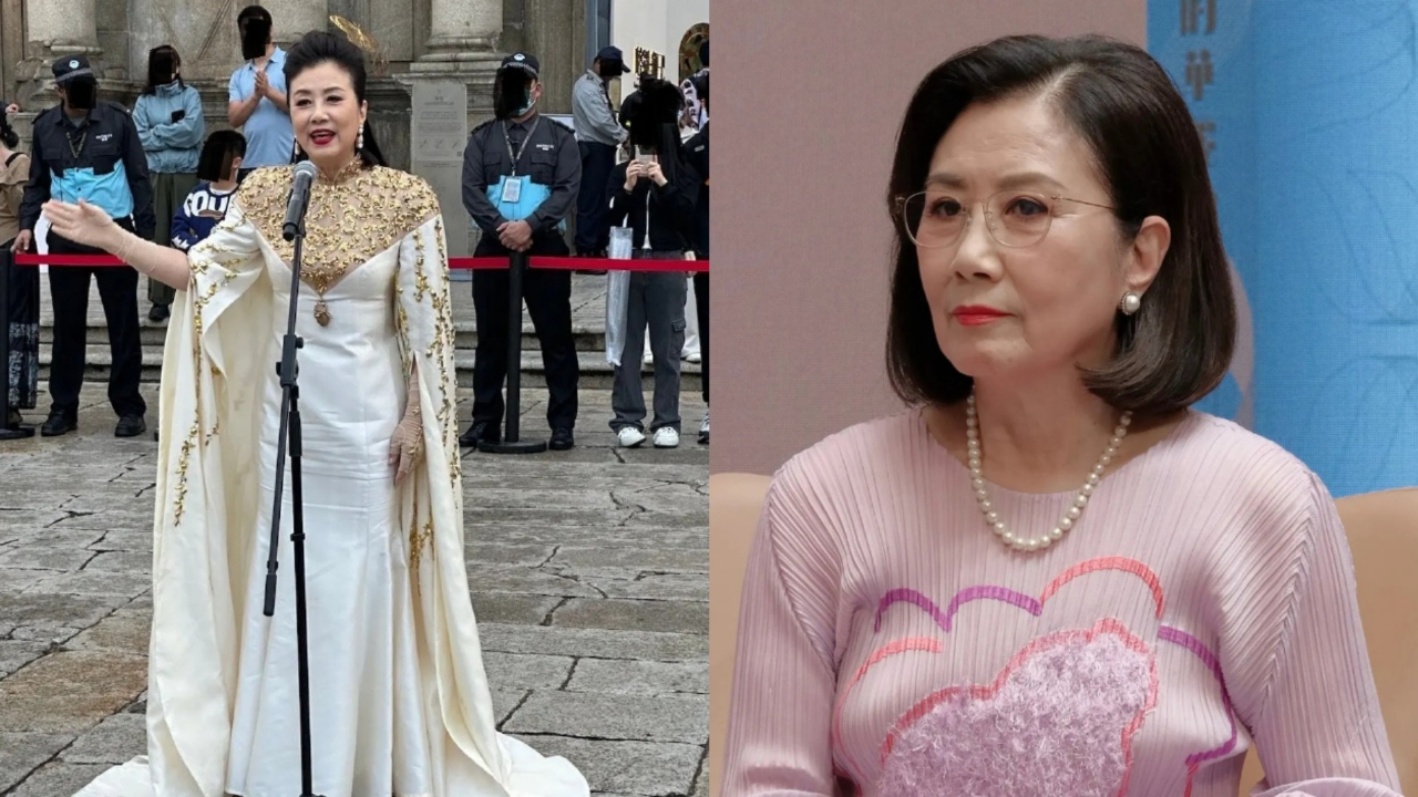 76岁汪明荃打扮隆重在澳门街头卖唱跟路人亲切握手气场犹如女皇