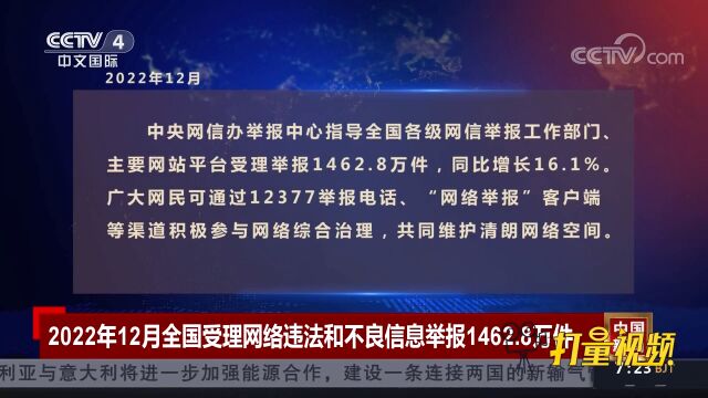 2022年12月全国受理网络违法和不良信息举报1462.8万件