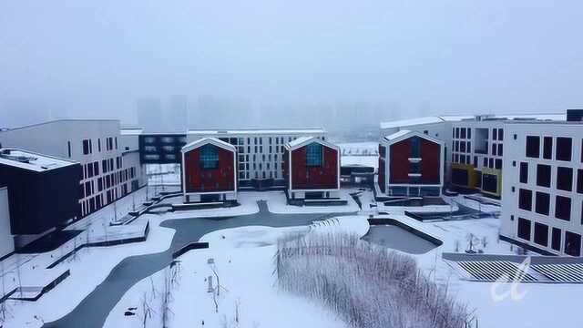 航拍安徽合肥新成立的一所艺术院校 雪落在徽派建筑风格的校园里美艳动人