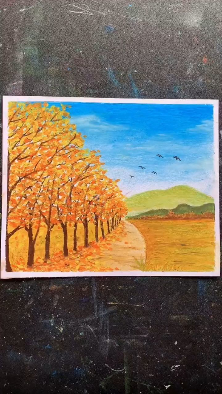 秋天的风景画 油画棒图片