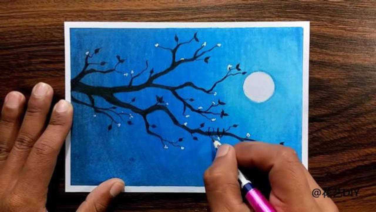 绘画教你如何用油画棒画出美丽的月光下的景色月亮