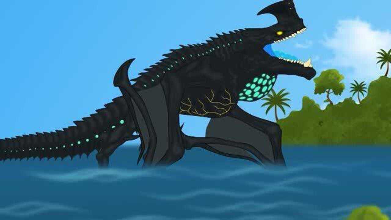哥斯拉水中吃鲨鱼上岸战怪兽动漫特效