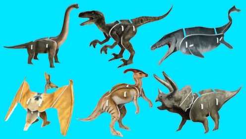 儿童恐龙立体拼图玩具，有三角龙副栉龙翼龙和腕龙