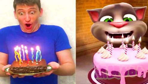 会说话的汤姆猫：真人版小哥哥PK汤姆猫，恶搞吃蛋糕