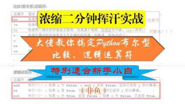 第014课 浓缩二分钟实战,大佬教你搞定python布尔型、比较、逻辑运算符,特别适合新手小白