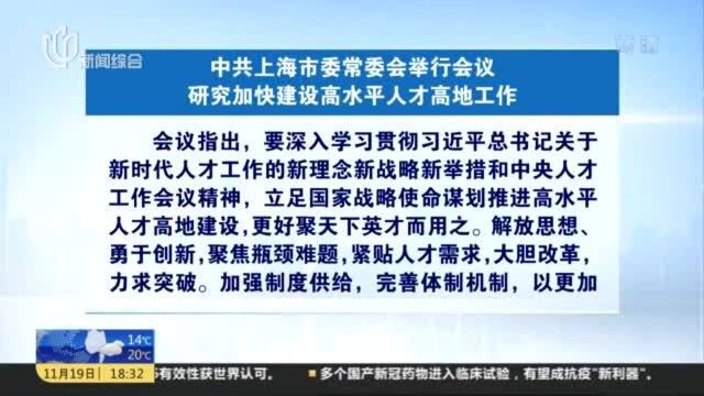 中共上海市委常委会举行会议 研究加快建设高水平人才高地工作