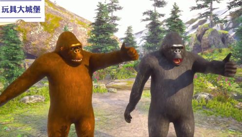 猩猩动画系列：小猴子和大猩猩玩彩球游戏获得水果