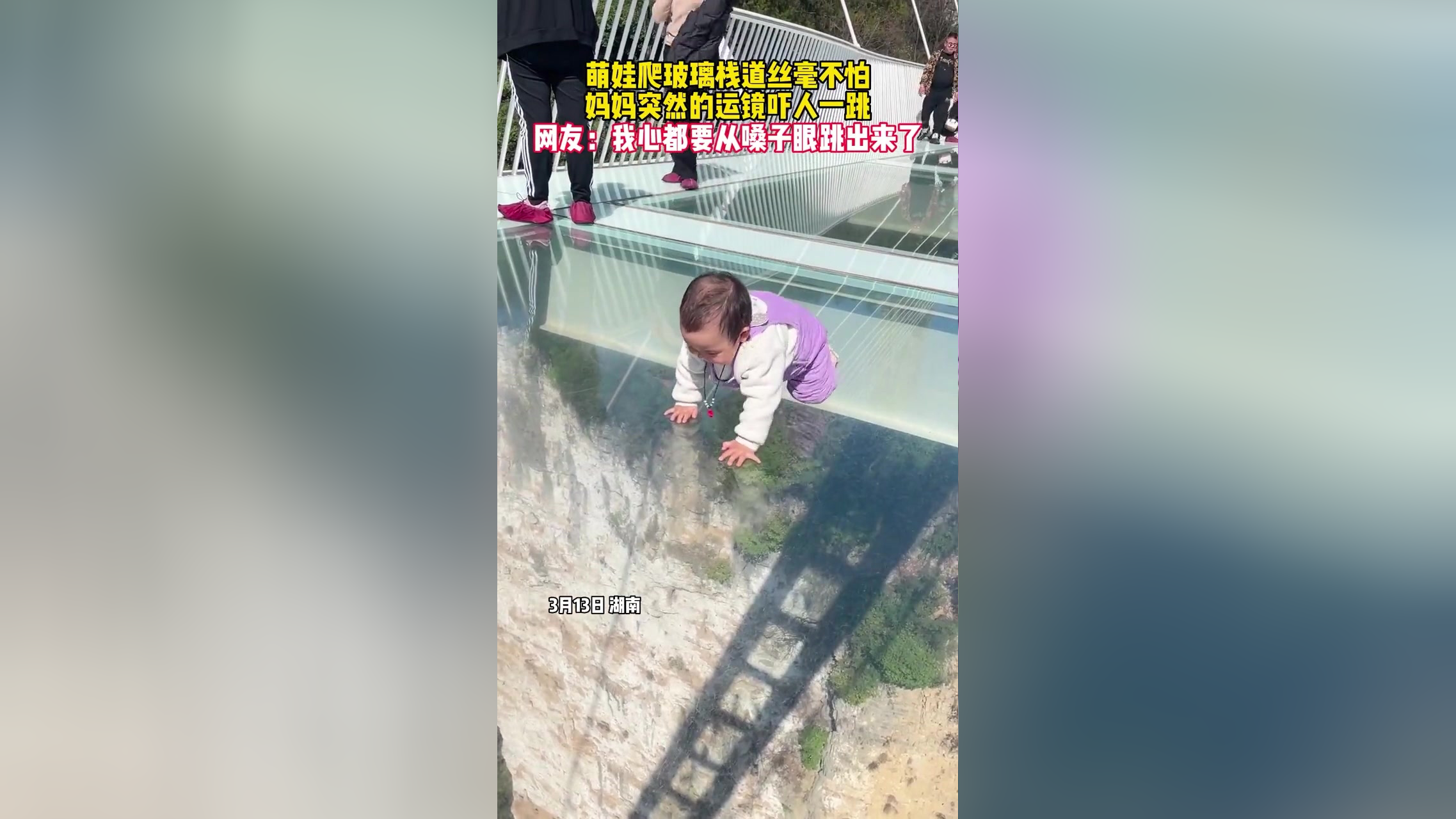 萌娃爬玻璃栈道丝毫不怕,网友:我心都要从嗓子眼跳出来了