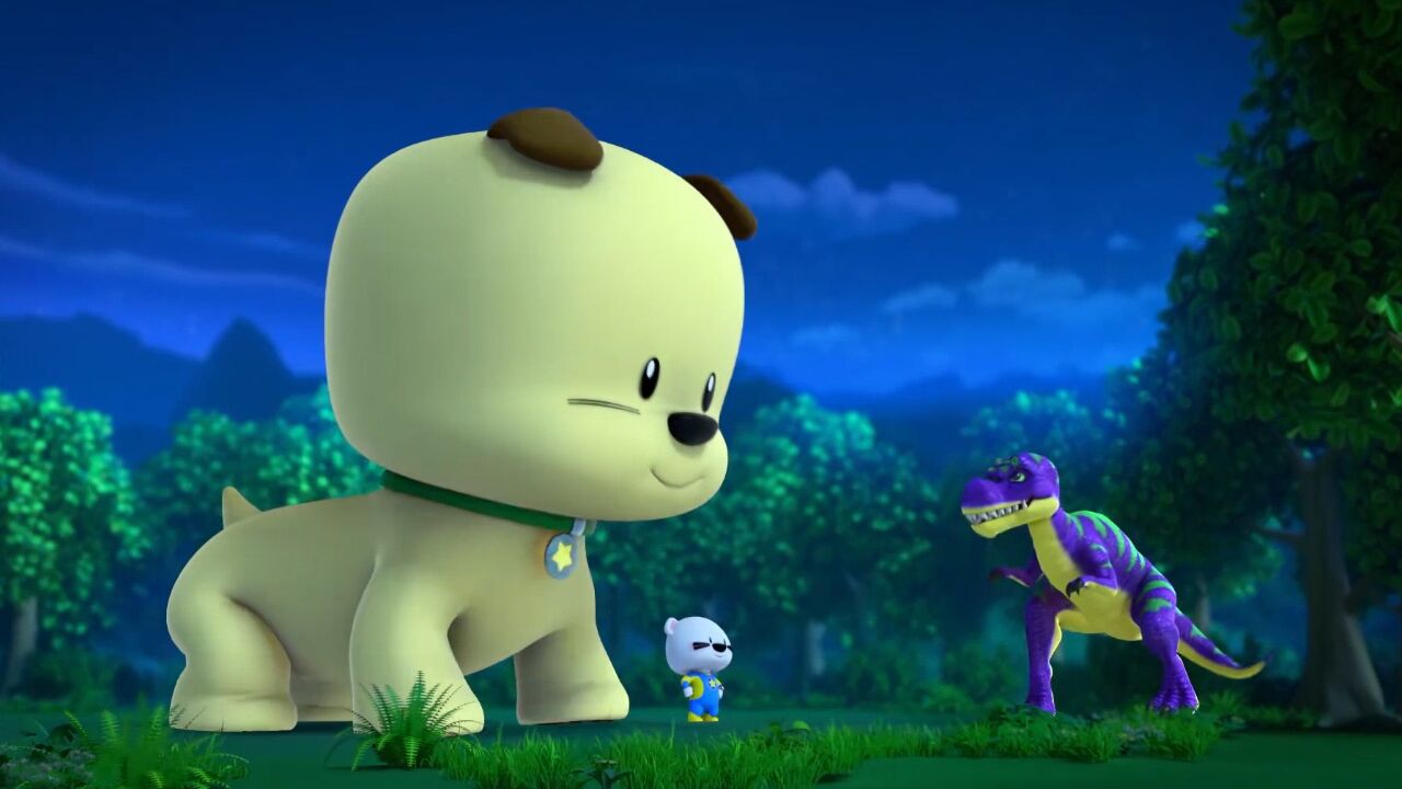 超级小熊布迷与巴戈大魔王进行障碍赛,遭遇了恐龙,哔卜用狗狗变大吓跑