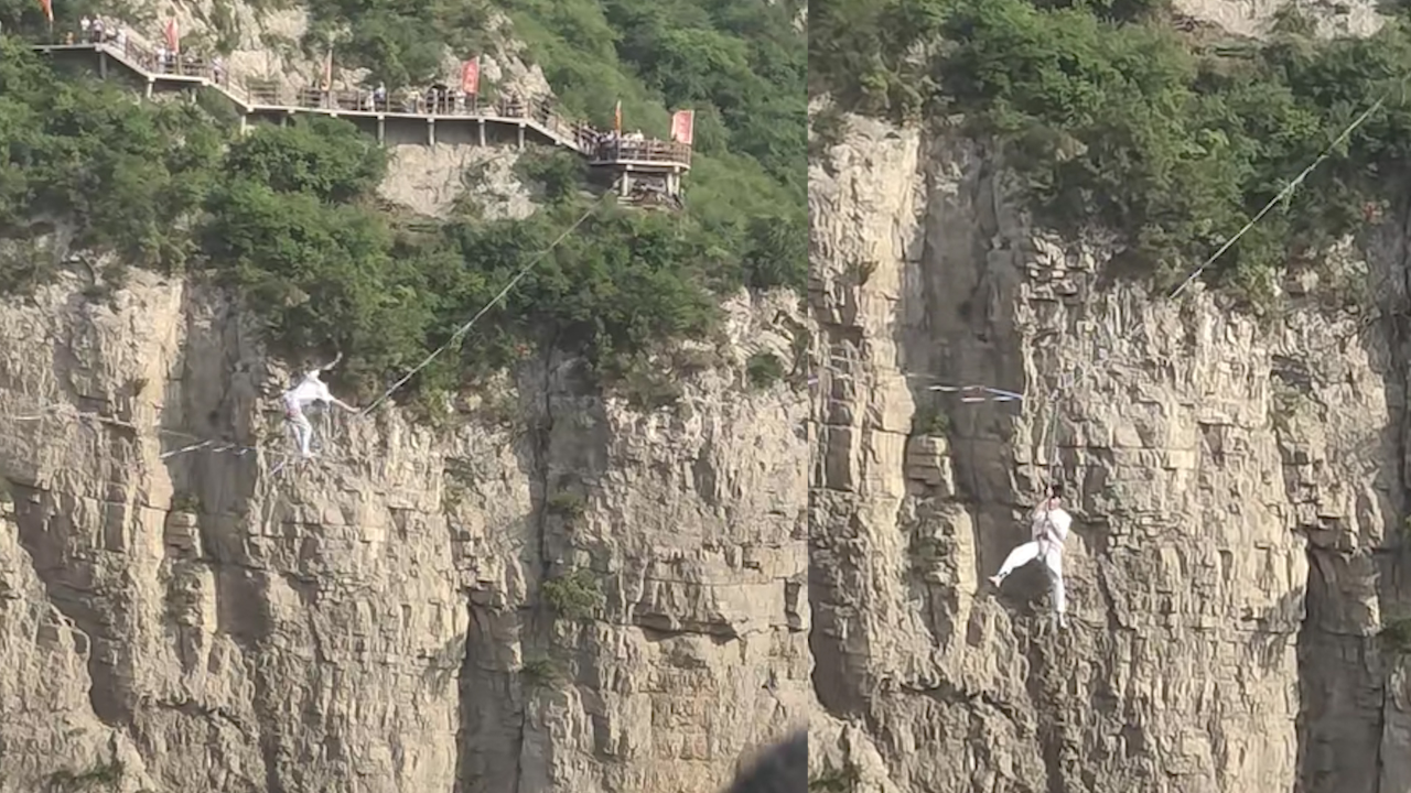00后小伙百米高空踩扁带猛晃