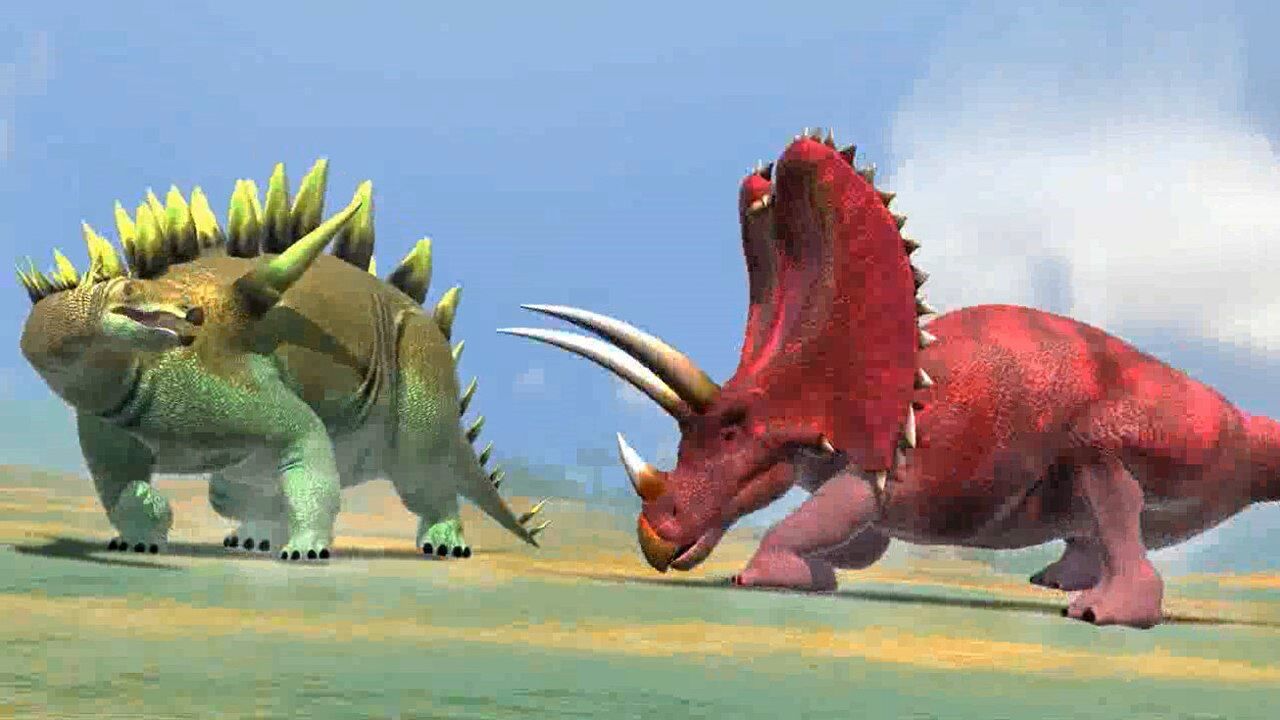 侏罗纪恐龙,五角龙vs带"剑"恐龙——沱江龙_腾讯视频