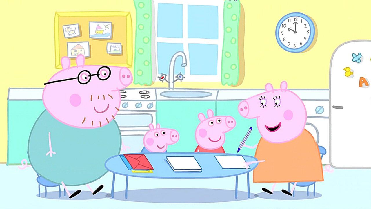 手绘儿童简笔画小猪佩奇和乔治学写字佩奇认真的听猪妈妈教写字