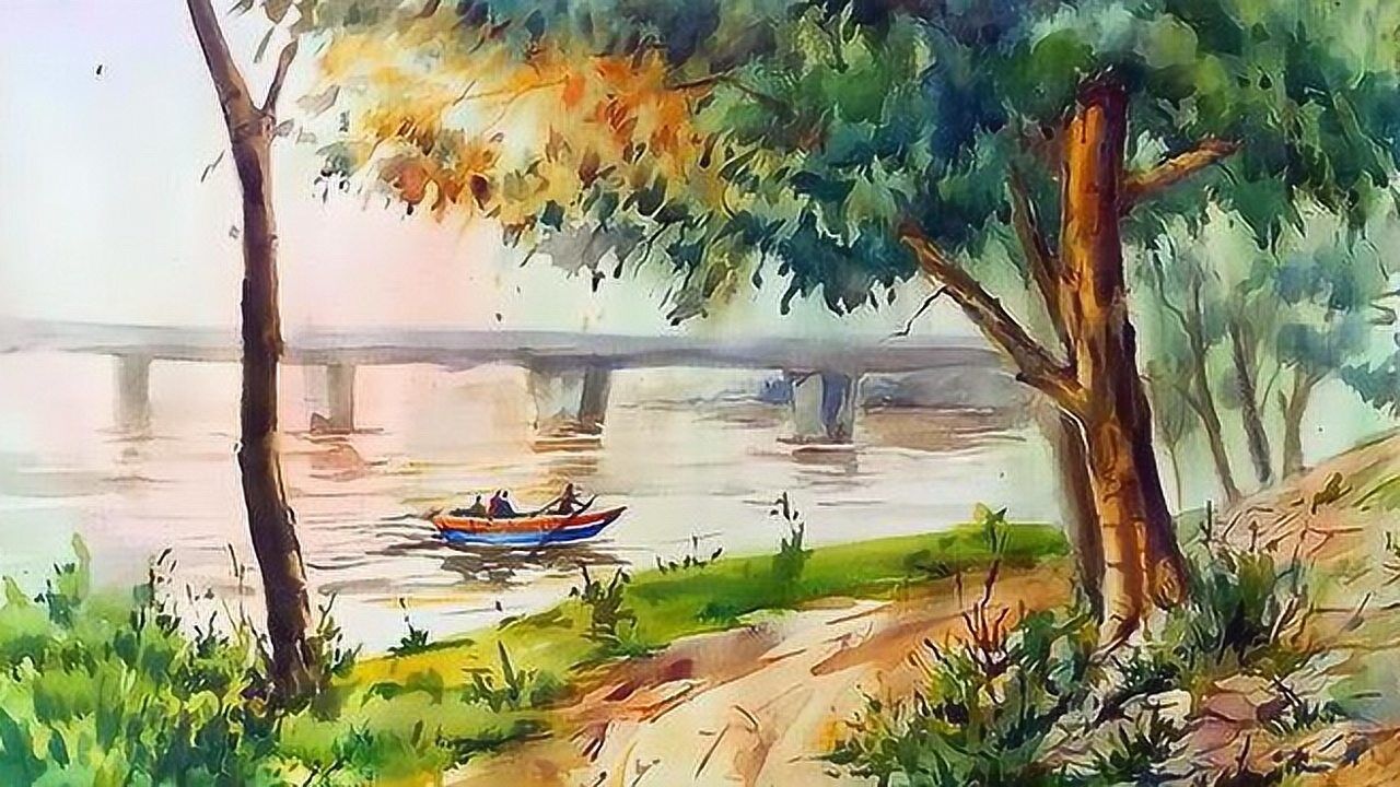 水彩画技法展示湿画法表现远处架设河面的桥河岸边的树