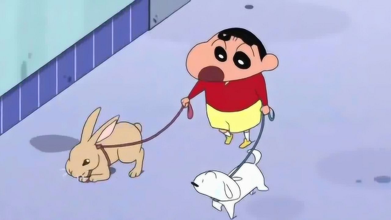 蜡笔小新:小新牵着狗和兔子一起溜,瞬间吸引了路人的目光