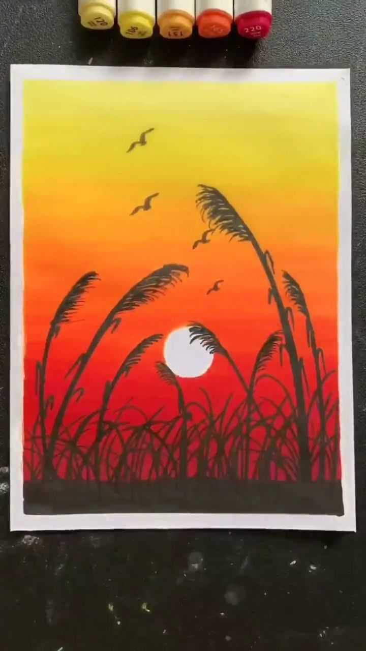 夕阳画法马克笔图片
