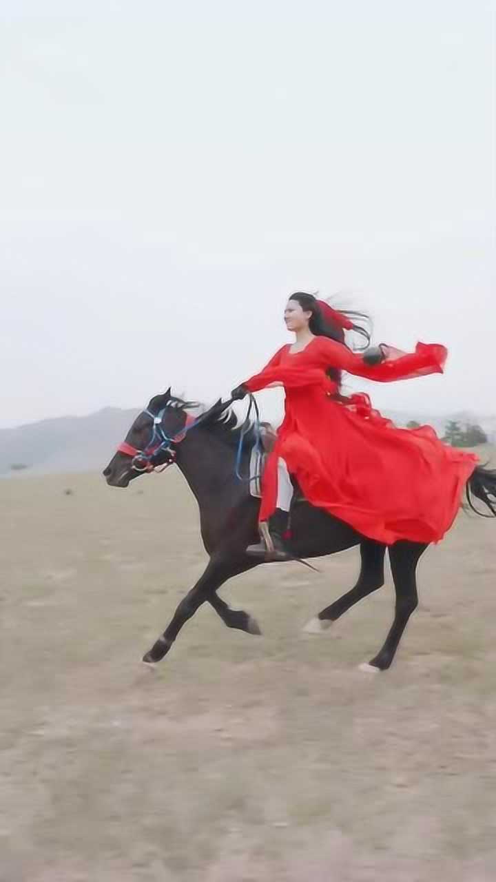 红衣女子骑马的背影图图片