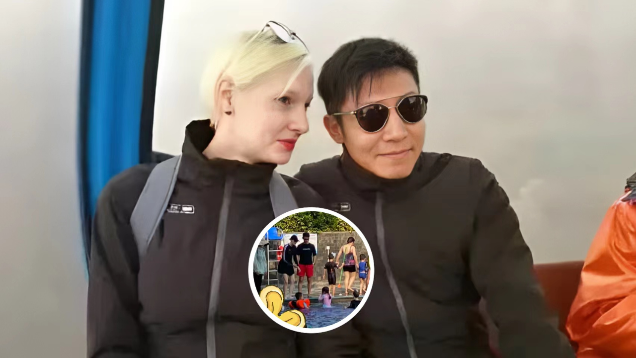 撒贝宁夫妇携龙凤胎游泳,夫妻俩给儿子擦水,女儿自己擦倍显独立