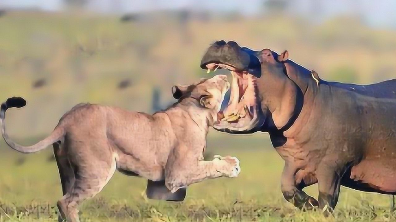 狮子偷袭河马不料被河马一口咬爆头镜头拍下狮子惨烈的瞬间