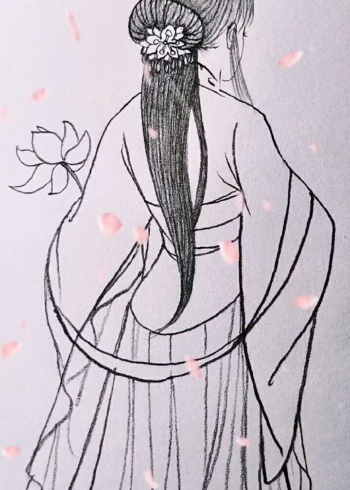 手拿荷花的古风美女侧脸简笔画