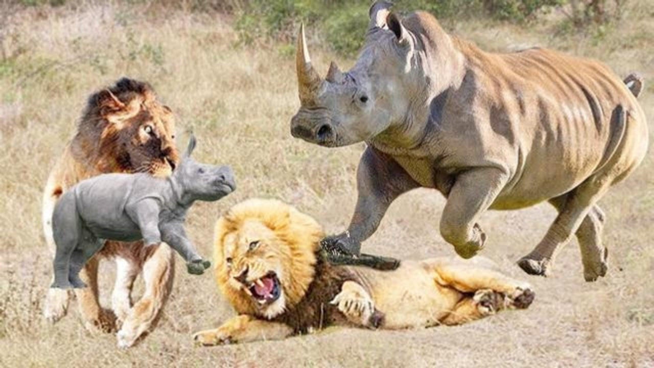 狮子惹怒犀牛,被犀牛追着疯狂顶,犀牛:真把自己当王了?