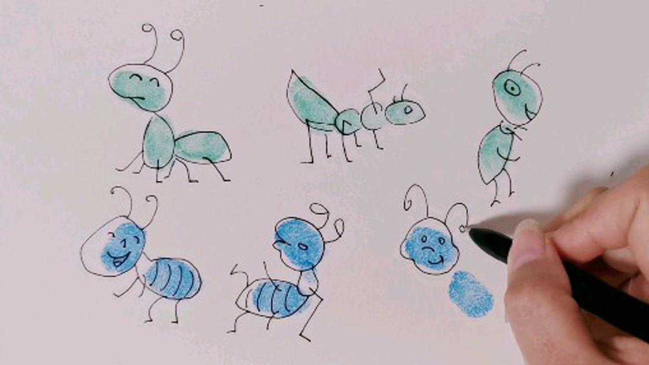 儿童手指画,可爱蚂蚁手指印画法,你们喜欢吗