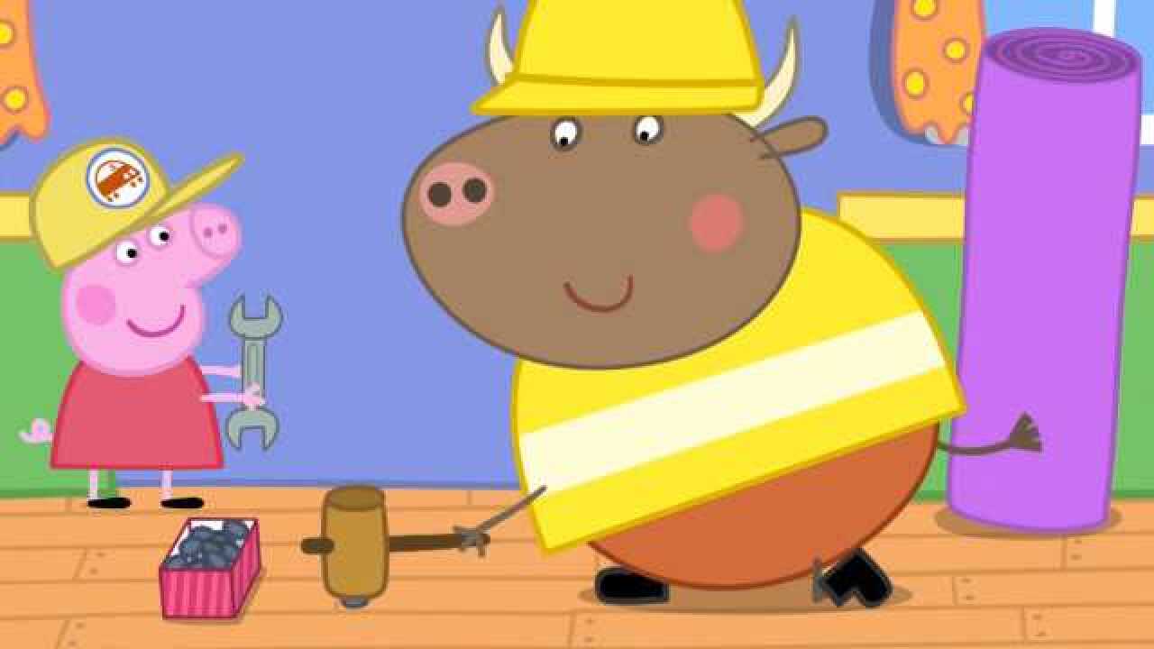 小猪佩奇最新第八季 帮助公牛先生修理地板 简笔画