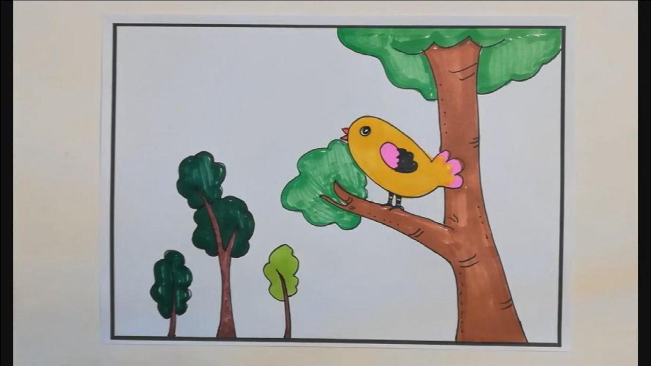 小鸟简笔画彩色树上图片