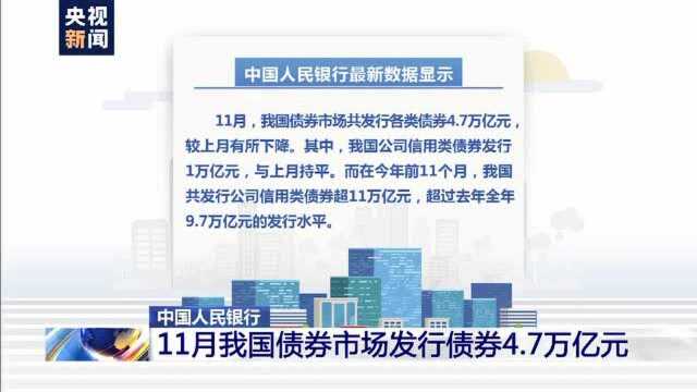 11月我国债券市场发行债券4.7万亿元