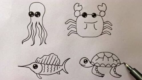 简笔画,乌鱼,螃蟹,乌龟,小鱼的简单画法