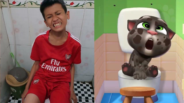 会说话的汤姆猫vs现实世界:男孩模仿小汤姆拉大便