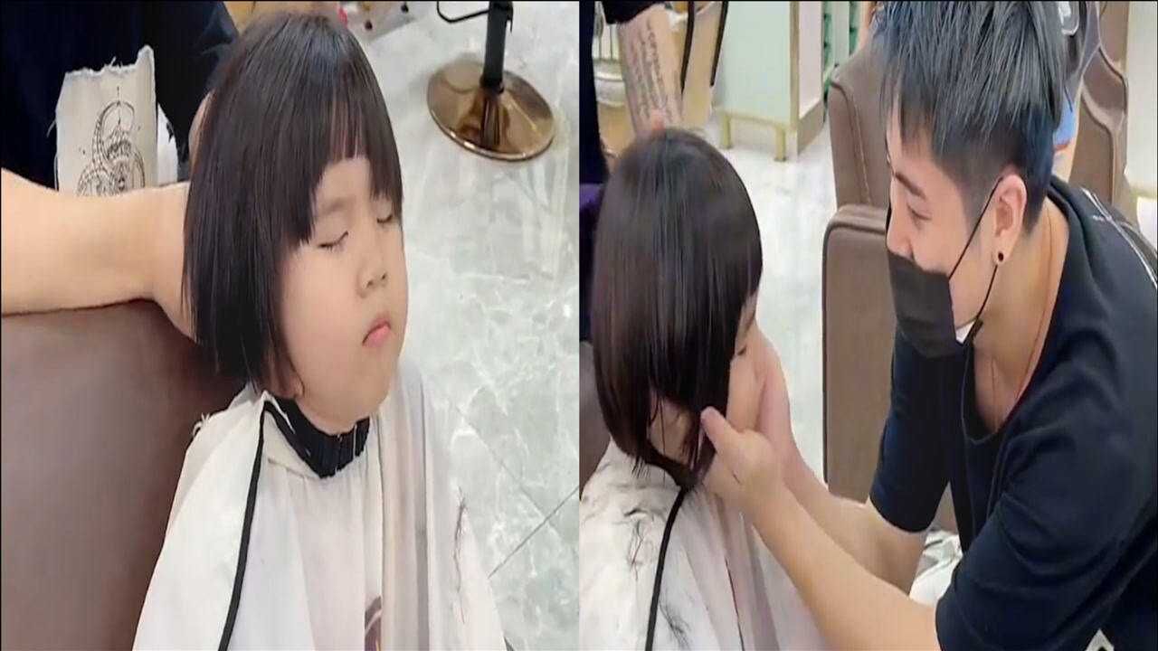 小女孩去理发店剪头发,剪着突然睡着,随后理发师操作笑翻众人!