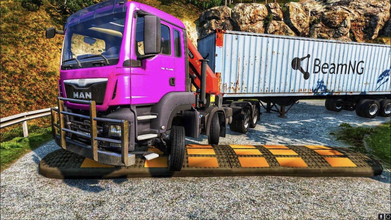 beamng:多辆重型卡车开足马力过减速带,老司机测试超强悬挂性能