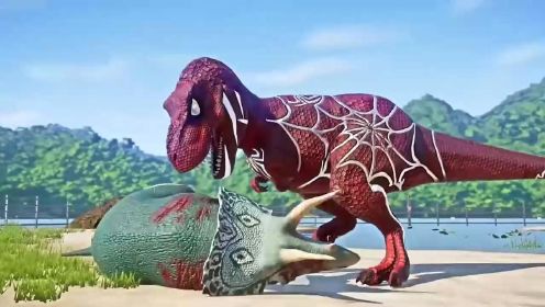 恐龙动画系列：绿色三角龙大战蜘蛛侠霸王龙，哪谁更厉害？