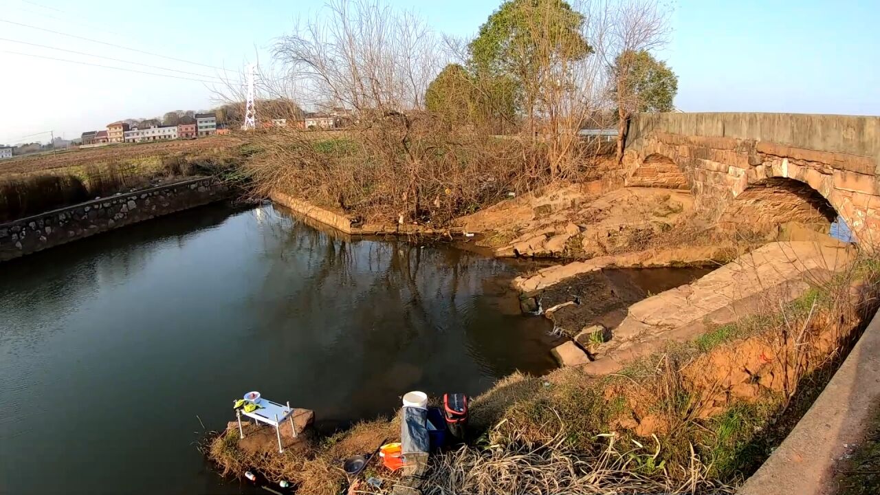 溪流拦水坝下野钓，天气这么冷，想不到2小时也能钓到鱼